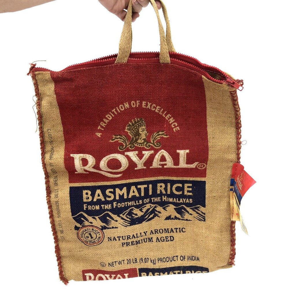 Royal Basmati Rice Burlap Brown Bag Sack Tote Handles Zipper 18 x 15" Decor
